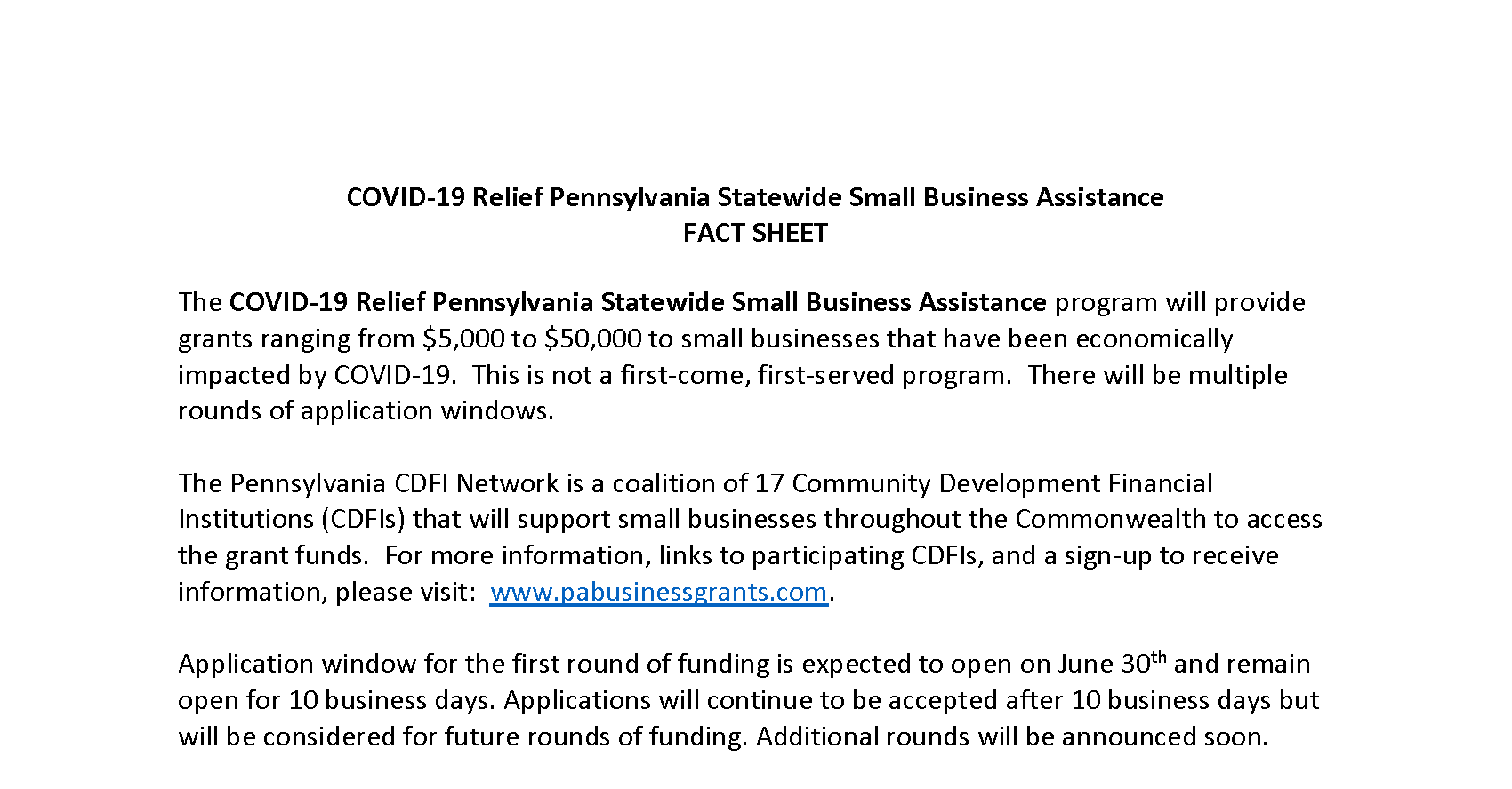 COVID19 Relief Pennsylvania Statewide Small Business Assistance Fact